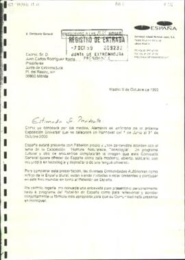 Carta de BRAVO LOZANO, Pablo, para RODRÍGUEZ IBARRA, Juan Carlos, cuyo asunto trata de la Exposic...