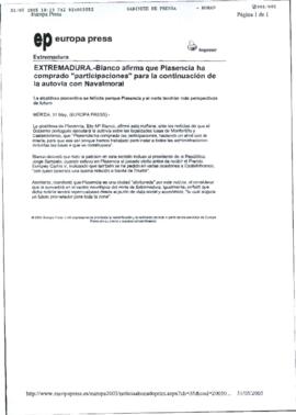 Copia de artículo de prensa, sin firmar, enviada por fax a BOLAÑOS EXPÓSITO, Román del medio EURO...