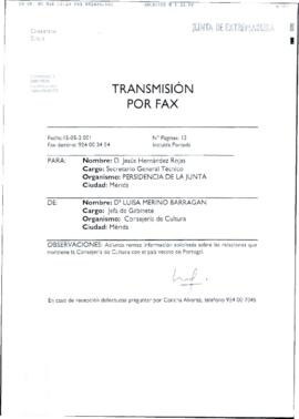 Fax de MERINO BARRAGÁN, Luisa para HERNÁNDEZ ROJAS, Jesús, cuyo asunto trata sobre las relaciones...