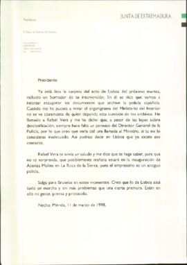 Carta de SÁNCHEZ AMOR, Ignacio, para RODRÍGUEZ IBARRA, Juan Carlos, cuyo asunto trata de la infor...